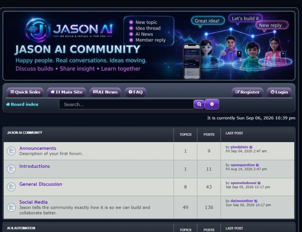 Actual JASON AI community: brand header, navigation and discussion index