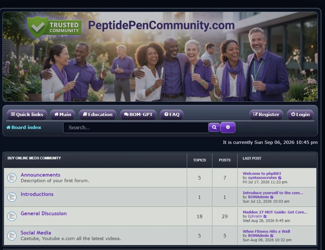 Actual Peptide Pen community: brand header, navigation and discussion index