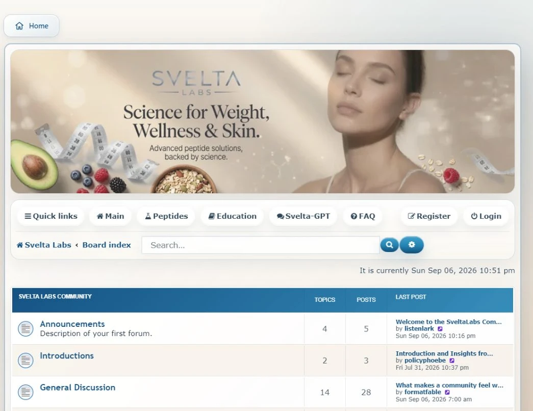 Actual Svelta Labs community: brand header, navigation and discussion index